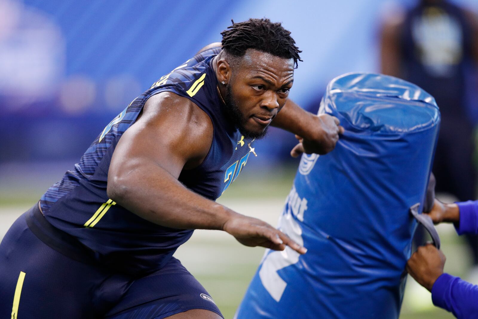 INDIANAPOLIS, IN - MARCH 05: Defensive lineman Larry Ogunjobi of Charlotte participates in a drill during day five of the NFL Combine at Lucas Oil Stadium on March 5, 2017 in Indianapolis, Indiana. (Photo by Joe Robbins/Getty Images)