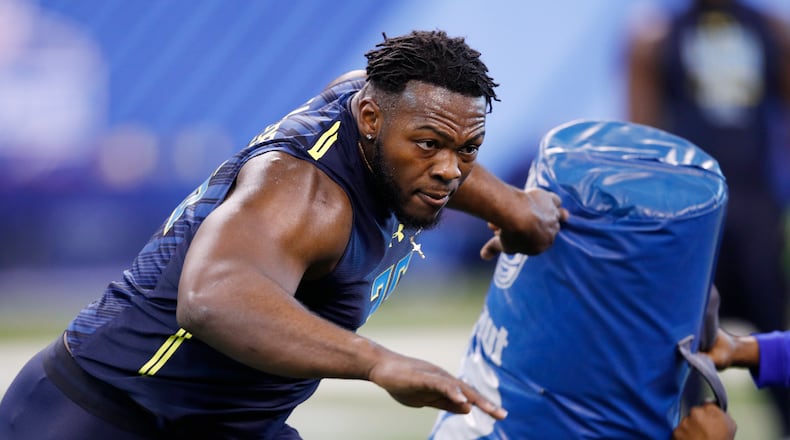 INDIANAPOLIS, IN - MARCH 05: Defensive lineman Larry Ogunjobi of Charlotte participates in a drill during day five of the NFL Combine at Lucas Oil Stadium on March 5, 2017 in Indianapolis, Indiana. (Photo by Joe Robbins/Getty Images)