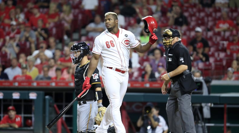 Yasiel Puig of the Cincinnati Reds disagrees with a called strike in the 8th inning against the Pittsburgh Pirates at Great American Ball Park on Tuesday, July 30 at Cincinnati. (Photo by Andy Lyons/Getty Images)