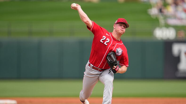 Cincinnati Reds starting pitcher Chase Anderson delivers during the second inning of a spring training baseball game against the Texas Rangers, Saturday, March 11, 2023, in Surprise, Ariz. (AP Photo/Abbie Parr)