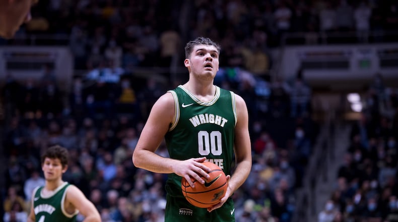 Wright State's Grant Basile, shown during a loss last week at Purdue, scored 19 points in Tuesday's loss to James Madison in the Naples Invitational. Joe Craven/Wright State Athletics
