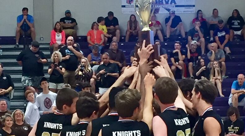 Alter celebrates after winning their fourth consecutive state title at the Ohio High School Boys Volleyball Association state championship at Capital University. DEBBIE JUNIEWICZ