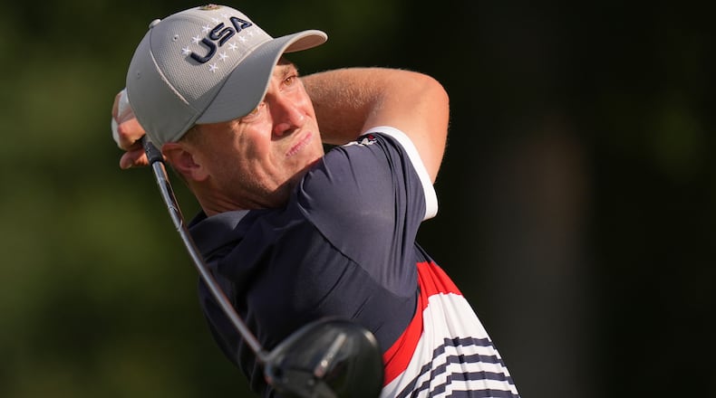 FILE - United States' Justin Thomas watches his tee shot on the 12th hole at Bethpage Black golf course during the Ryder Cup golf tournament, Friday, Sept. 26, 2025, in Farmingdale, N.Y. (AP Photo/Seth Wenig, File)