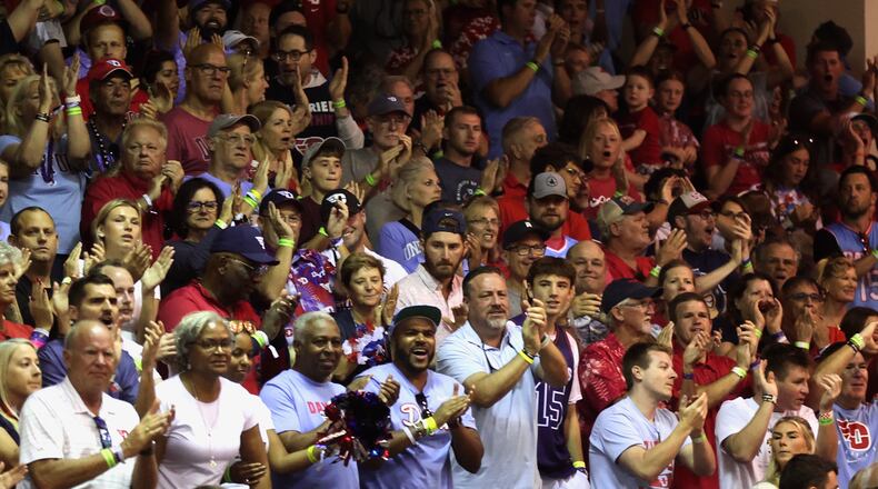 Dayton fans cheer during a game against Iowa State in the Maui Invitational on Monday, Nov. 25, 2024, at the Lahaina Civic Center. David Jablonski/Staff