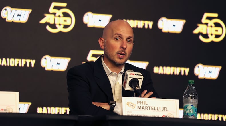 Virginia Commonwealth coach Phil Martelli Jr. talks at Atlantic 10 Conference Media Day on Tuesday, Sept. 30, 2025, in Pittsburgh. David Jablonski/Staff