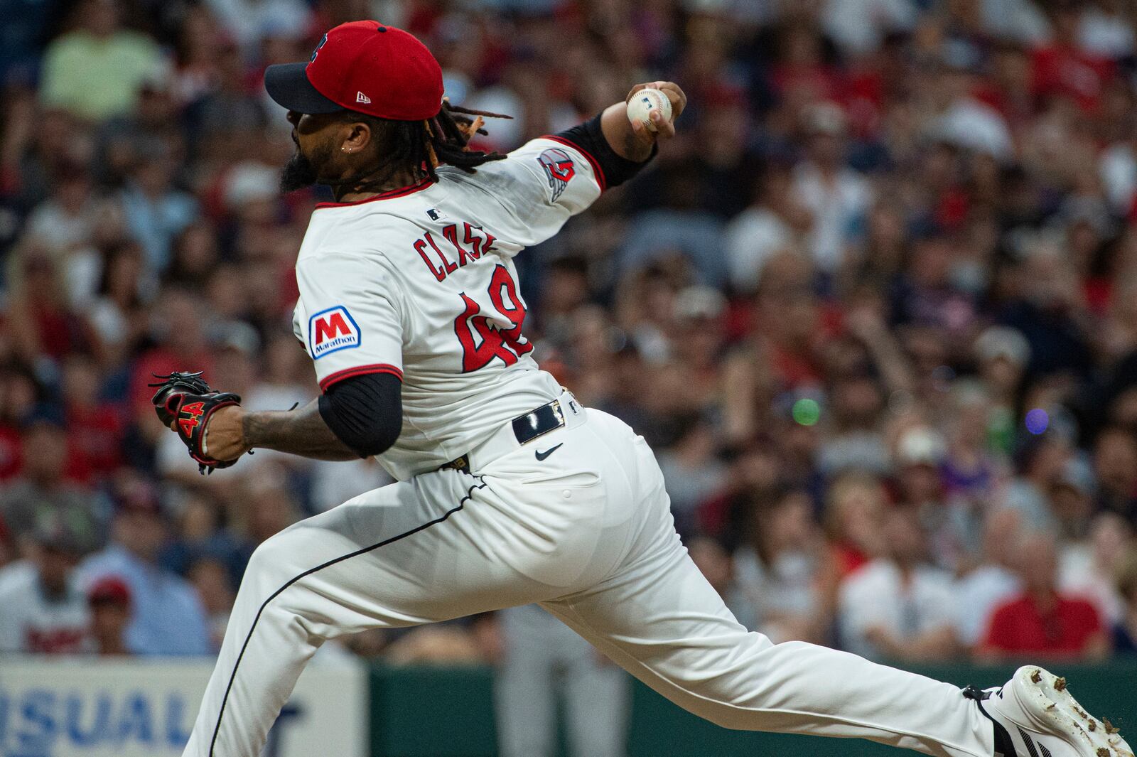 Cleveland Guardians relief pitcher Emmanuel Clase delivers during the ninth inning of a baseball game against the Baltimore Orioles, Wednesday, July 23, 2025, in Cleveland. (AP Photo/Phil Long)