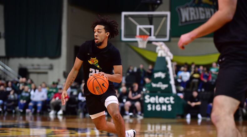 Wright State's Logan Woods pushes the ball upcourt during a game vs. IU Indy earlier this season at the Nutter Center. Joe Craven/Wright State Athletics