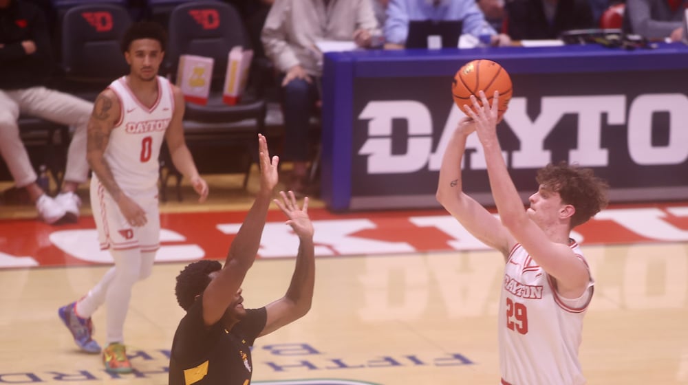 Dayton's Amaël L'Etang shoots against Bethune-Cookman on Saturday, Nov. 15, 2025, at UD Arena. David Jablonski/Staff
