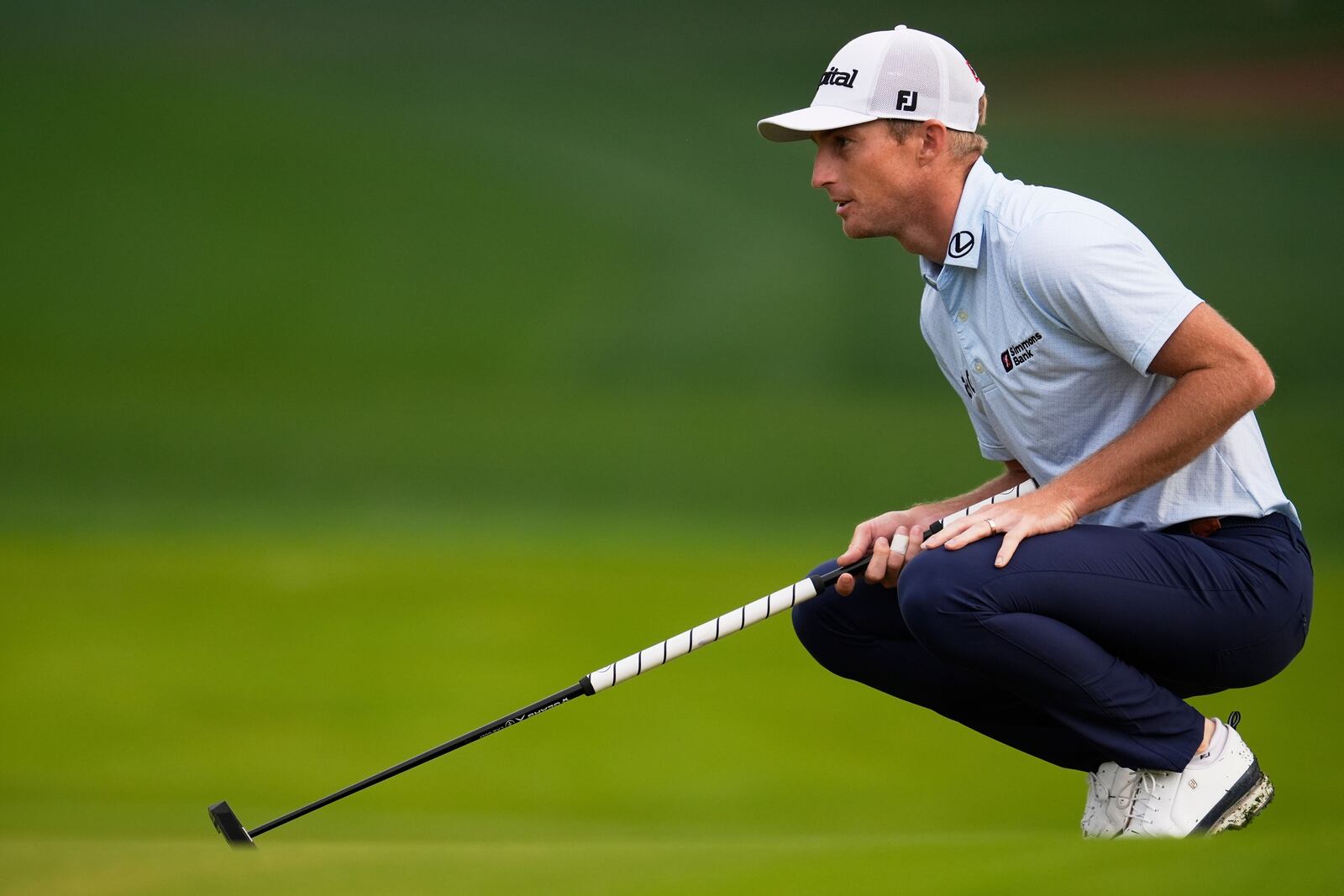 Will Zalatoris lines up a putt on the 10th hole during the second round of the PGA Championship golf tournament at the Quail Hollow Club, Friday, May 16, 2025, in Charlotte, N.C. (AP Photo/George Walker IV)