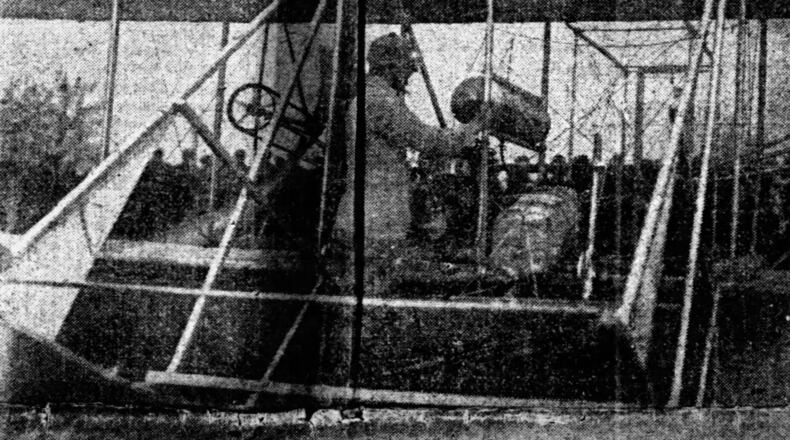 Aviator Phil Parmalee just before soaring from Huffman Prairie with the silk. Parmalee had no fear or misgivings and showed as much apprehension as though he was about to walk across the road. DAYTON HERALD ARCHIVE