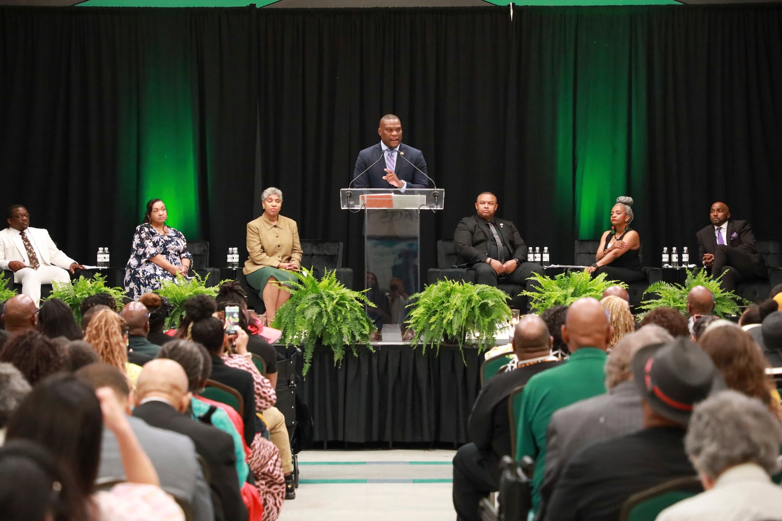 Tulsa Mayor Monroe Nichols IV speaks during the Legacy event for the Tulsa Race Massacre on Sunday, June 1, 2025, at Greenwood Cultural Center in Tulsa, Okla. (AP Photo/Joey Johnson)