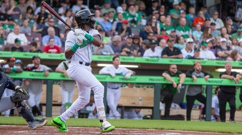 Dayton's Yerlin Confidan watches his third home run of the season leading off the second inning Wednesday night at Day Air Ballpark. Jeff Gilbert/CONTRIBUTED