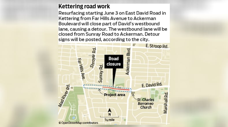 Improvements will start Monday, June 3 in Kettering on East David Road from Ackerman Boulevard to Far Hills Avenue. From June 3 to Aug. 1, the road work will require closure of the westbound lane while the eastbound lane will remain open to traffic from Ackerman to Sunray Road. STAFF