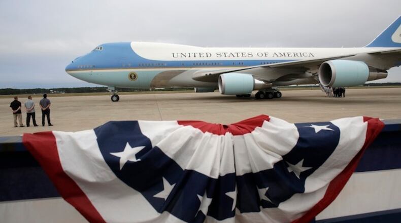 Air Force One, carrying President Obama and the first family, prepares for take off at the Cape Cod Coast Guard Station, in Bourne, Mass., Sunday, Aug. 21, 2016. President Obama and the first family are returning to Washington D.C. following their vacation on the island of Martha's Vineyard, in Massachusetts. (AP Photo/Steven Senne)