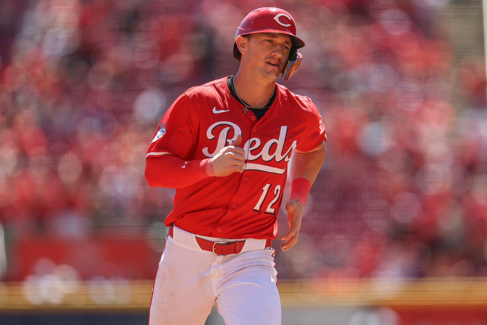 Cincinnati Reds' Austin Hays rounds the bases after hitting a two-run home run during the fifth inning of a baseball game against the St. Louis Cardinals, Sunday, Aug. 31, 2025, in Cincinnati. (AP Photo/Abdoul Sow)