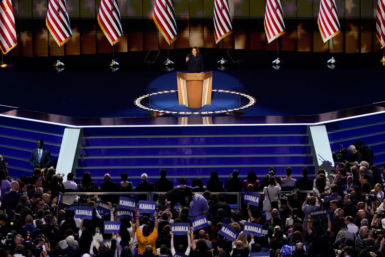 Vice President Kamala Harris, the Democratic presidential nominee, speaks on the fourth day of the Democratic National Convention at the United Center in Chicago, on Thursday, Aug. 22, 2024. (Kent Nishimura/The New York Times)