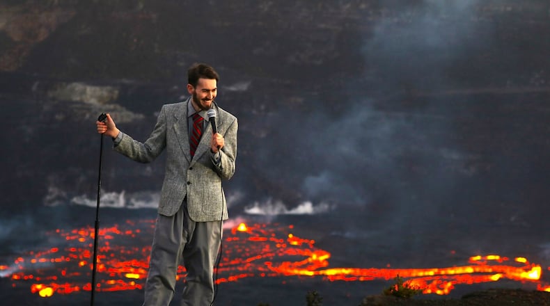 Comedian Ben Miller performing an impromptu improv set near the lava flow of a volcano in Hawaii. CONTRIBUTED