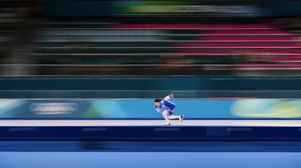 Brittany Bowe of the U.S. practice ahead of the women's 1,500 meters speedskating race at the 2026 Winter Olympics, in Milan, Italy, Monday, Feb. 9, 2026. (AP Photo/Antonio Calanni)