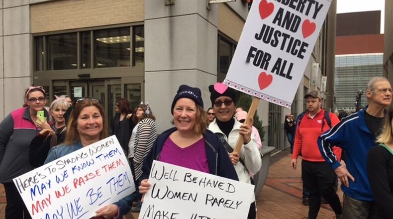 Hundreds rallied at Courthouse Square in Dayton as part of women’s march on Saturday, Jan. 21, 2017. STAFF/LYNN HULSEY