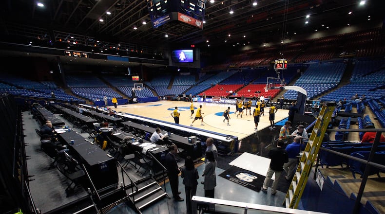 North Carolina A&T takes to the UD Arena floor for the first practice session of the First Four NCAA games that begin tonight to see who advances into the bracket this weekend. CHRIS STEWART / STAFF