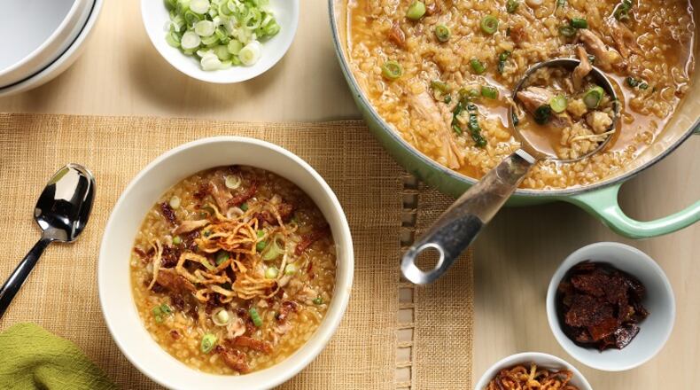 Chicken congee, prepared and styled by Lisa Schumacher, on February 8, 2018. (Abel Uribe/Chicago Tribune/TNS)