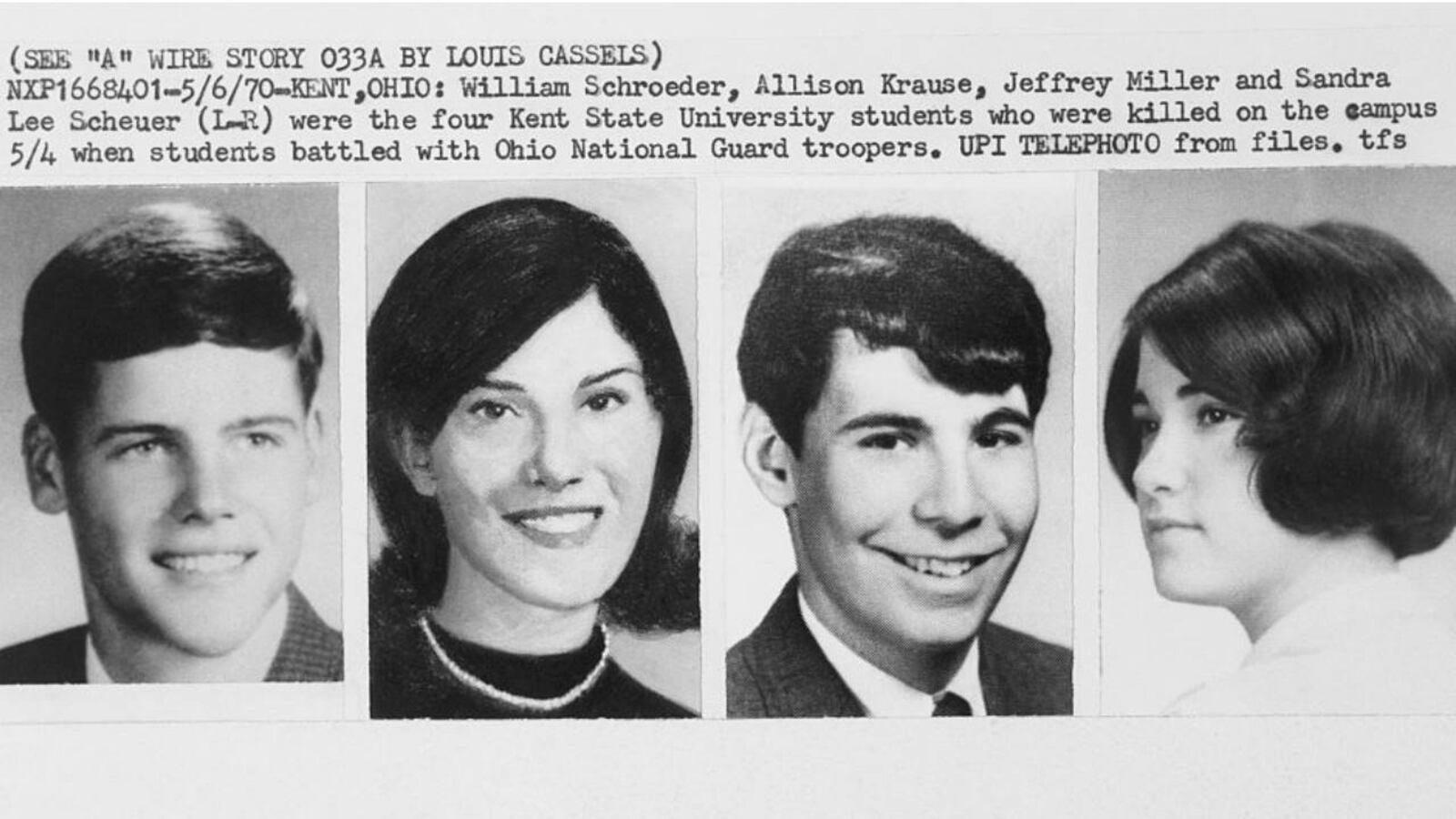 From left, William Schraeder, Allison Krause, Jeffrey Miller, and Sandra Lee Scheuer, were killed at Kent State University on May 4, 1970.