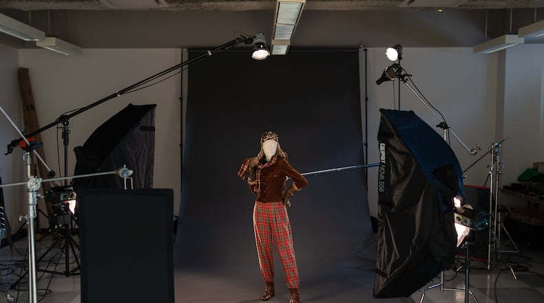 Behind the scenes of Sporting Fashion, Piloting ensemble with Abercrombie & Fitch skullcap & mittens, 1930s. Photo Brian Davis, FIDM Museum. Courtesy American Federation of Arts
