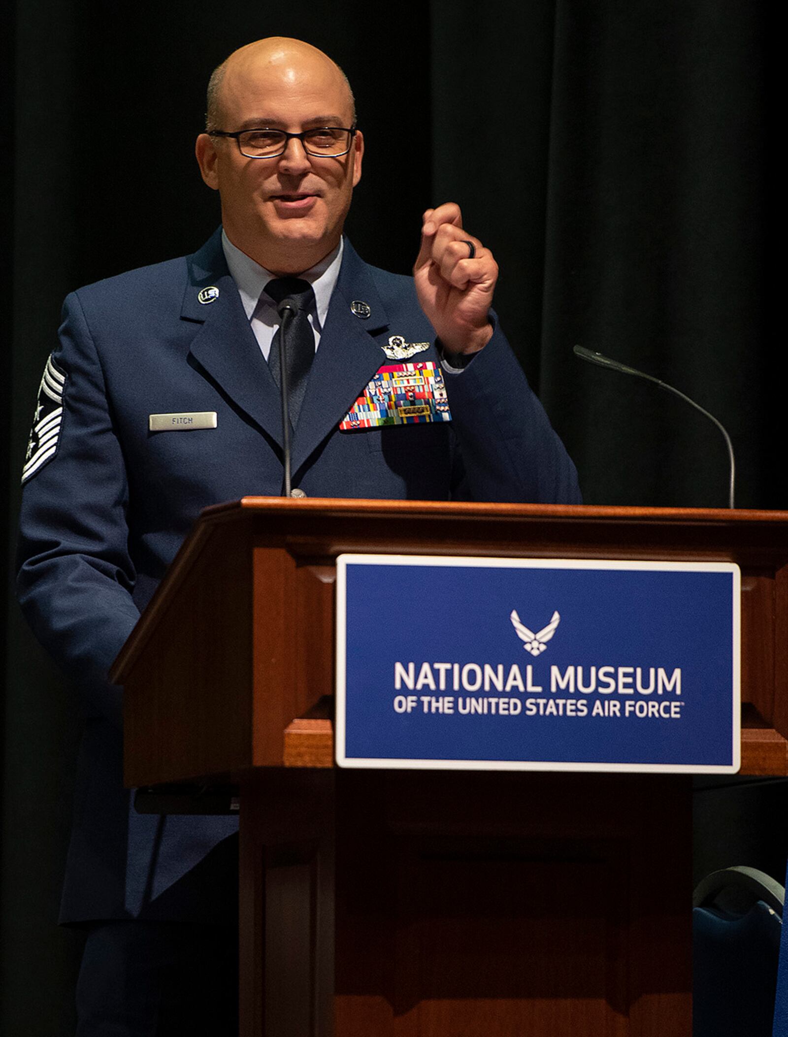 Chief Master Sgt. James Fitch, Air Force Research Laboratory command chief, delivers the commencement address at the Community College of the Air Force graduation ceremony on June15. U.S. AIR FORCE PHOTO/R.J. ORIEZ
