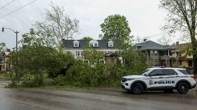 The southbound lanes and one northbound lane on Salem Avenue near Yale Avenue are blocked due to a tree that fell during a thunderstorm on Tuesday afternoon, April 29, 2025. BRYANT BILLING / STAFF