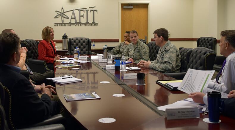 HQ Air Education and Training Command’s Continuum of Learning Engagement Team, Shelly Petruska, Capt. Renee Cassidy and Lt. Jacqueline Crow, led a small group discussion with Air Force Institute of Technology’s School of Systems and Logistics, Wright Patterson Air Force Base, May 1. The CoL engagement team is traveling to all AETC units to educate the command on CoL initiatives and collect best practices, challenges and innovative ideas for CoL across the Air Force. (U.S. Air Force photo/Katie Scott)