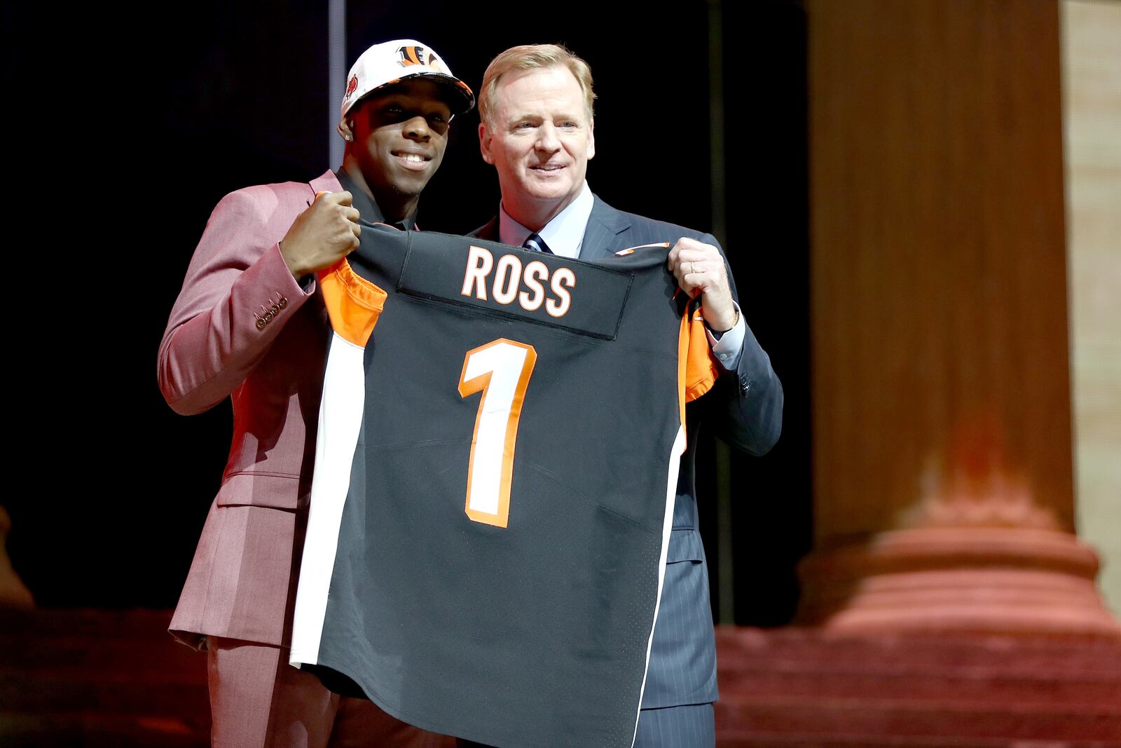 PHILADELPHIA, PA - APRIL 27: (L-R) John Ross of Washington poses with Commissioner of the National Football League Roger Goodell after being picked #9 overall by the Cincinnati Bengals during the first round of the 2017 NFL Draft at the Philadelphia Museum of Art on April 27, 2017 in Philadelphia, Pennsylvania. (Photo by Elsa/Getty Images)