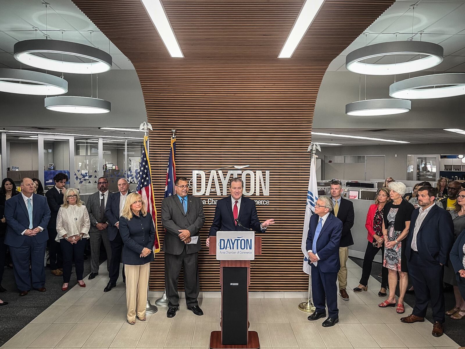 Ohio Governor Mike DeWine, right along with Congressmen Mike Turner announced Monday at the Dayton Chamber of Commerce offices that NATO will hold its spring parliamentary assembly in Dayton in May 2025. They were joined by Montgomery County Commissioner Debbie Lieberman and Dayton City Commissioner Chris Shaw. JIM NOELKER/STAFF