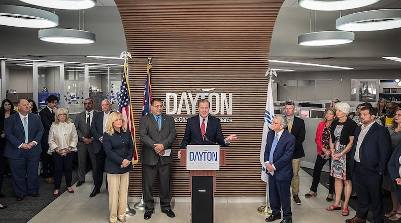 Ohio Governor Mike DeWine, right along with Congressmen Mike Turner announced Monday at the Dayton Chamber of Commerce offices that NATO will hold its spring parliamentary assembly in Dayton in May 2025. JIM NOELKER/STAFF