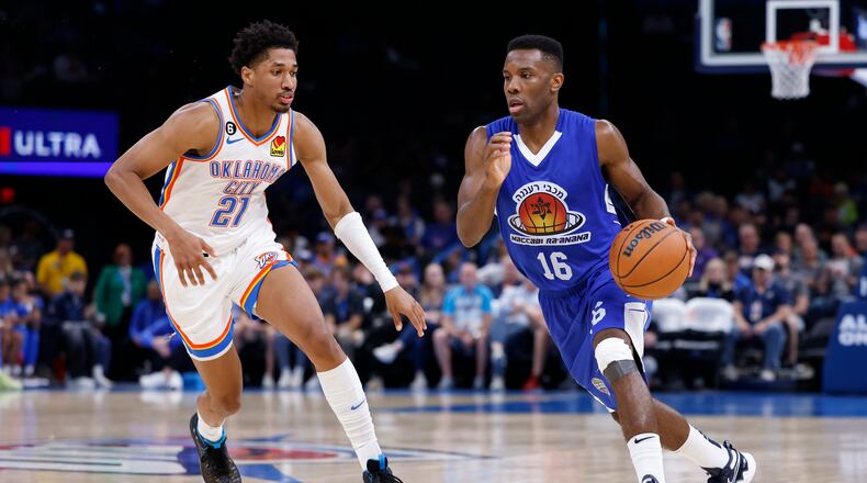 Maccabi Ra'anana point guard Norris Cole drives the ball against Oklahoma City Thunder forward Aaron Wiggins during the first half of a preseason NBA basketball game, Sunday, Oct. 9, 2022, in Oklahoma City. (AP Photo/Garett Fisbeck)