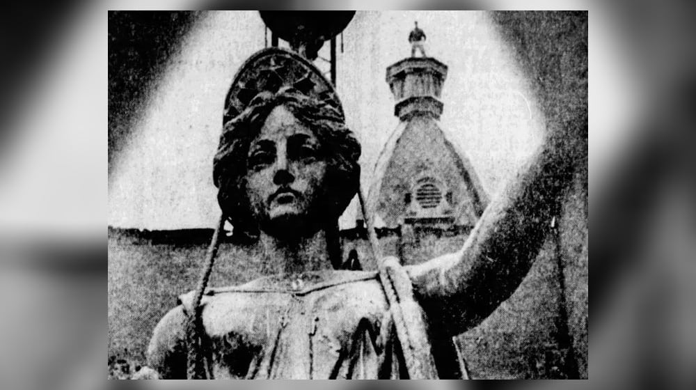 A statue representing the Goddess of Liberty was originally placed atop the Gebhart Opera House the July 3, 1879.
