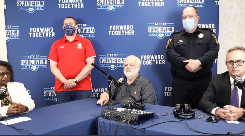 Springfield Mayor Warren Copeland, center, and city commissioners Joyce Chilton, left, and Rob Rue, right, address a Facebook Live audience Friday to denounce the killing of George Floyd. On Saturday, the city announced a Monday night vigil to honor Floyd and encourage community dialogue.