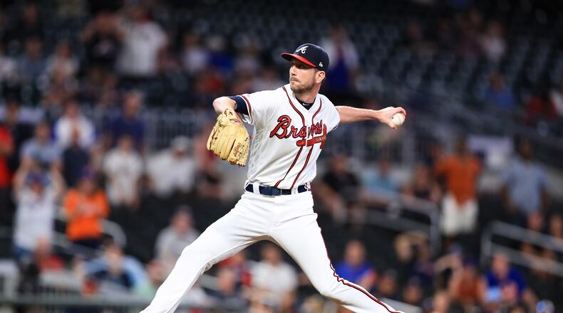 Jerry Blevins #50 of the Atlanta Braves pitches in the ninth inning during the game against the New York Mets at SunTrust Park on August 14, 2019 in Atlanta, Georgia. (Photo by Carmen Mandato/Getty Images)