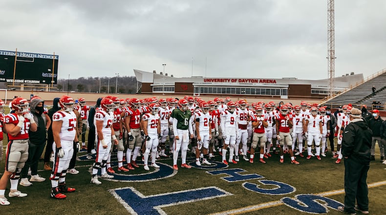 Rick Chamberlin talks to the Dayton football team at a scrimmage on Saturday, Nov. 21, 2020, at Welcome Stadium. Photo courtesy of UD