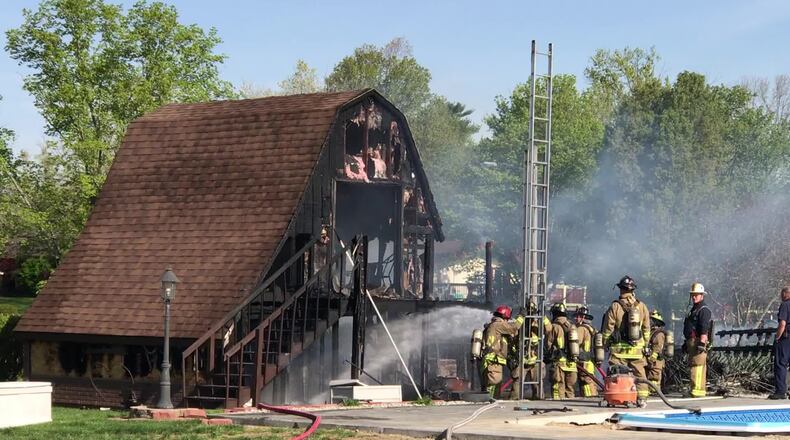 Miami Valley Fire District crews responded to a pool shed fire on Jane Avenue in Miami Twp. on Tuesday, April 27, 2021. STAFF / JIM NOELKER