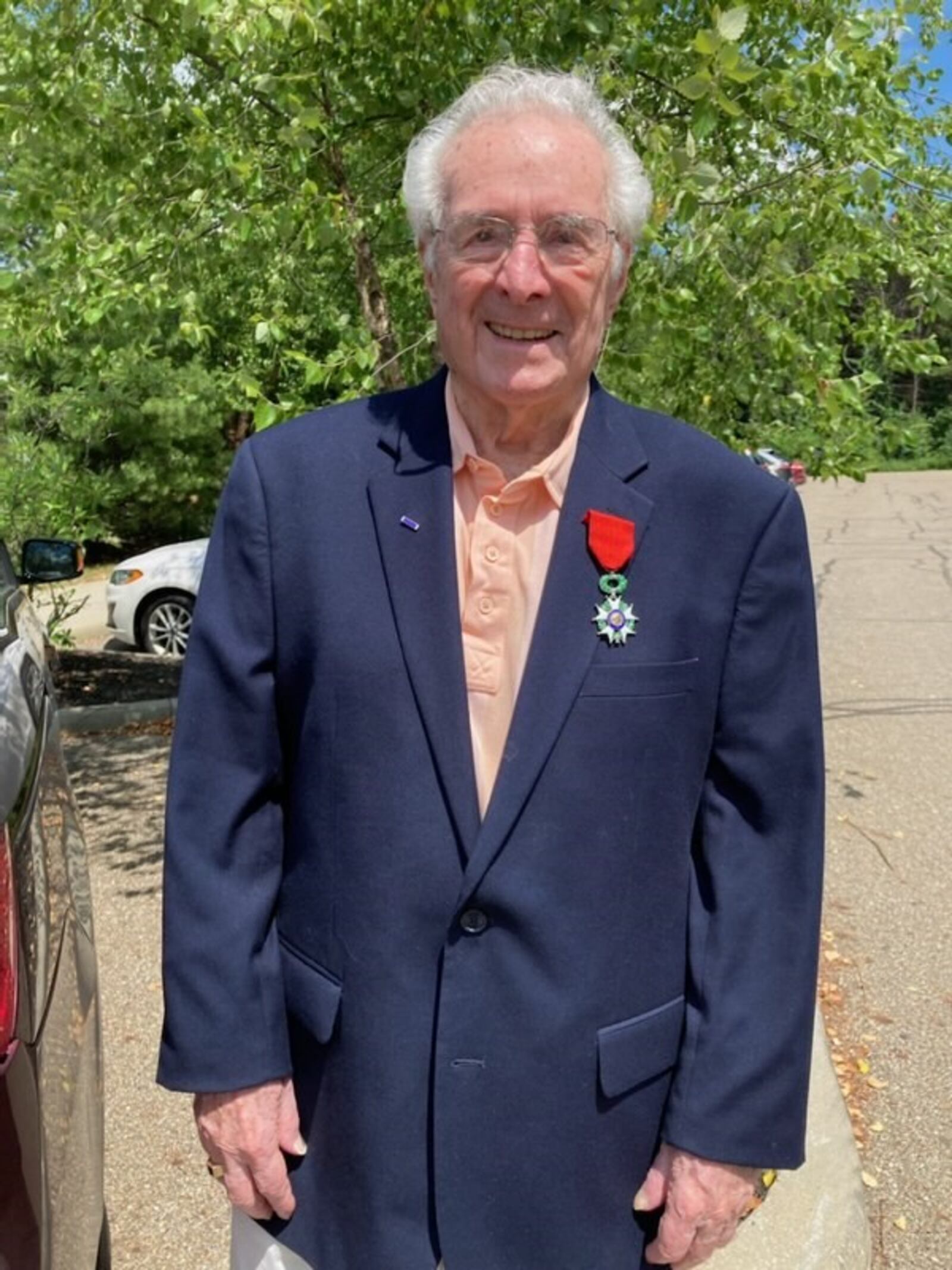 Walter Stitt wearing the prestigious National Order of the Legion of Merit, the highest honor of France for both military members and civilians. On occasion the award – established in 1802 by Napoleon Bonaparte – has been given to living American veterans who served in France during World War II and helped liberate he nation from the Nazis in 1944. The medal includes a red ribbon, a green crown of laurel and a badge featuring a five-armed “Maltese Asterisk” with the head of Marianne, the French national icon of liberty in the middle. He also received two Purple Hearts and the Order of Saint George Medallion, the top award given to members of the Army's mounted force (tanks, cavalry) by the United States Armor Association of the United States Army. CONTRIBUTED
