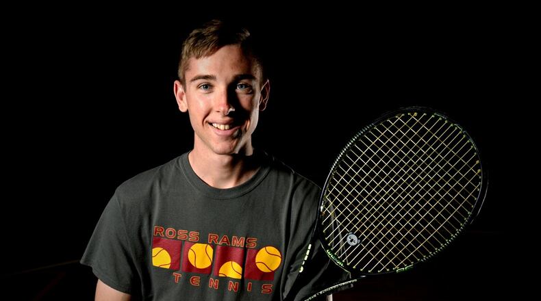 Ross High School senior tennis player Justin Bolin is a three-time Southwest Ohio Conference Player of the Year. NICK GRAHAM/STAFF