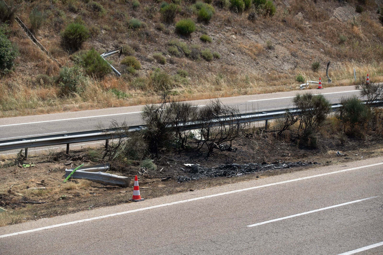 The site of the car accident in which Liverpool player Diogo Jota and his brother died in the north-western city of Zamora, Spain, Thursday, July 3, 2025. (AP Photo/Emilio Fraile)
