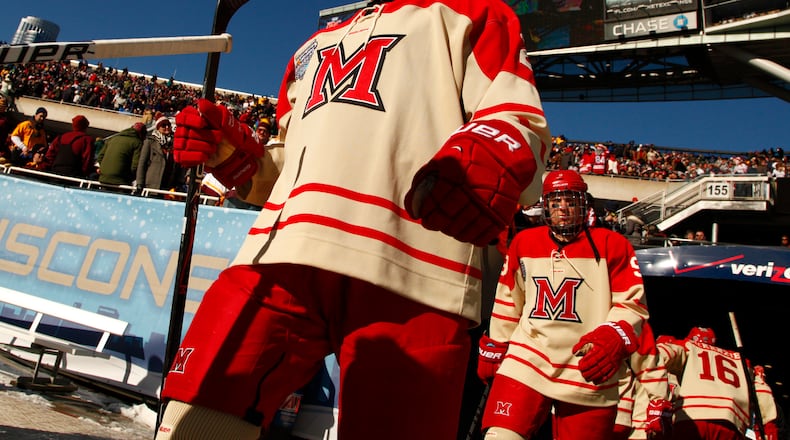 Miami University’s hockey team played the first outdoor game in school history in 2013 during the inaugural Hockey City Classic at Soldier Field in Chicago. The event drew a crowd of 52,051, which saw Notre Dame defeat the RedHawks, 2-1, in the first game of a doubleheader. FILE PHOTO
