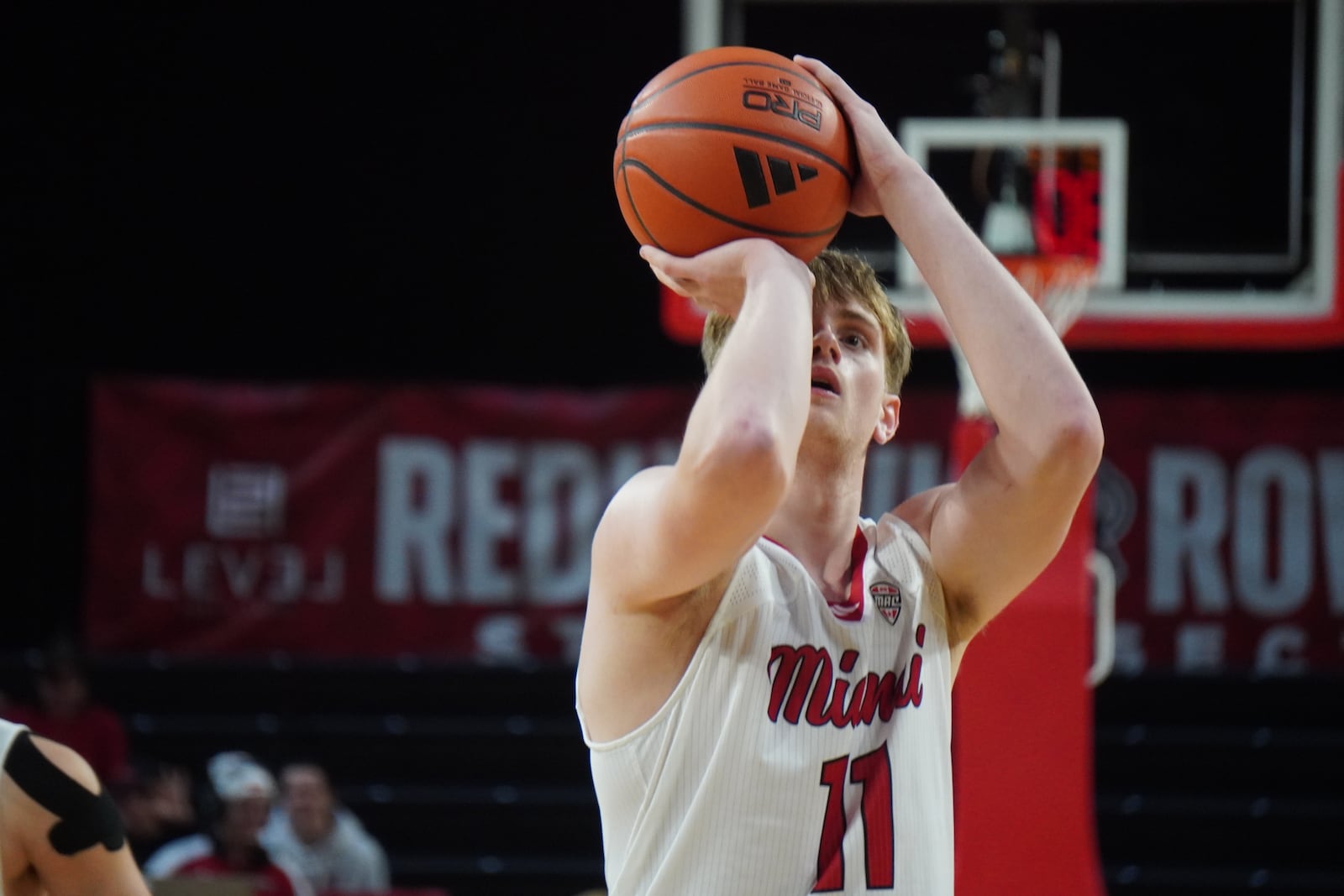 Miami’s Almar Atlason eyes a free-throw attempt during his game against Indiana University East on Tuesday night at Millett Hall. CHRIS VOGT / CONTRIBUTING