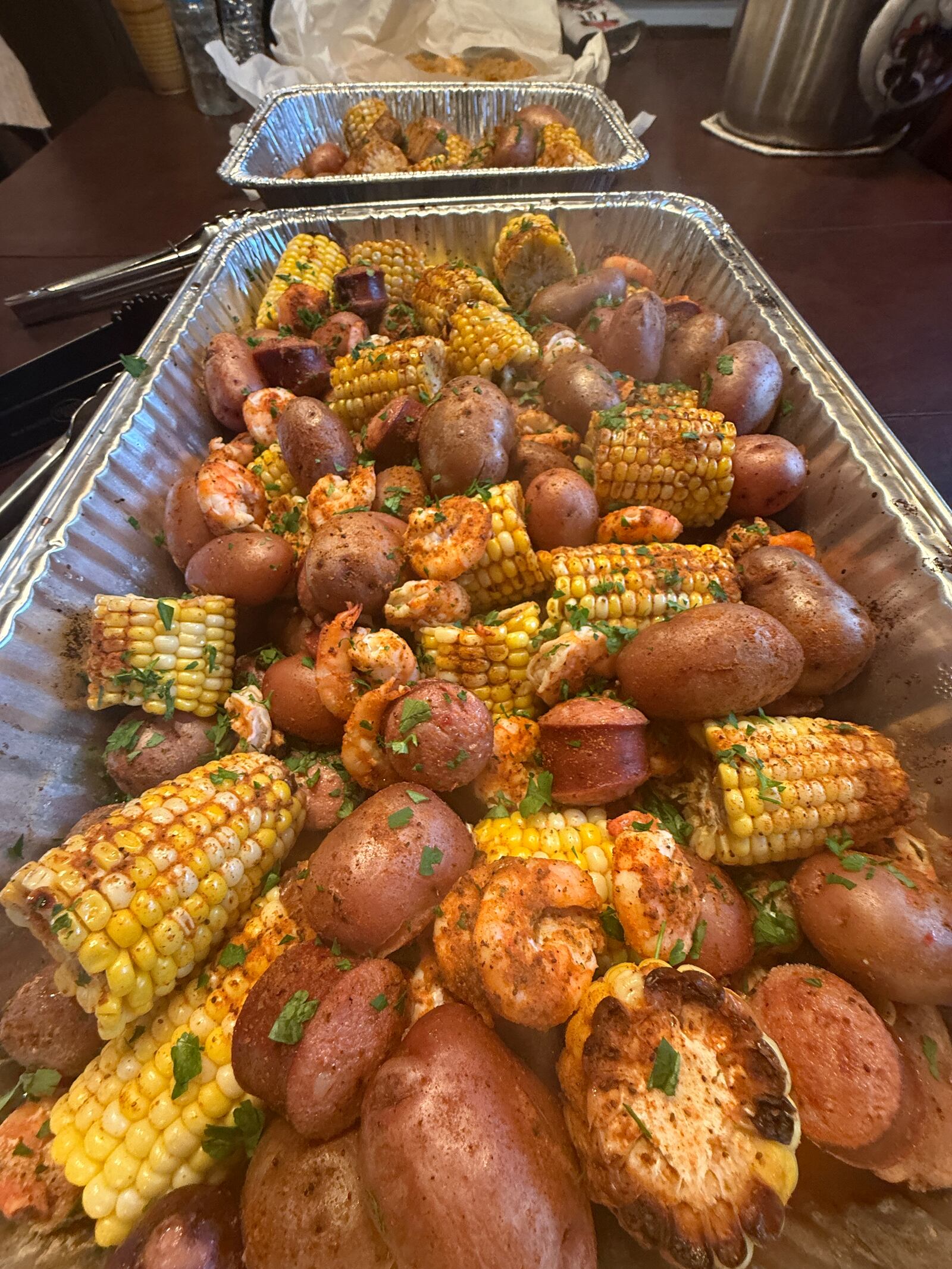 A seafood boil with red potatoes, shrimp, corn and sausage. CONTRIBUTED