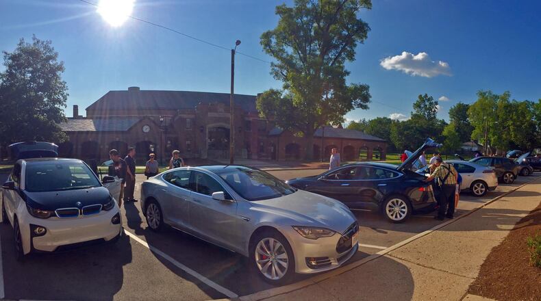 Electric cars gathered behind Oakwood High School for the first Ride & Drive hosted by Drive Electric Dayton in August fo 2017. Photo contributed by Tim Benford