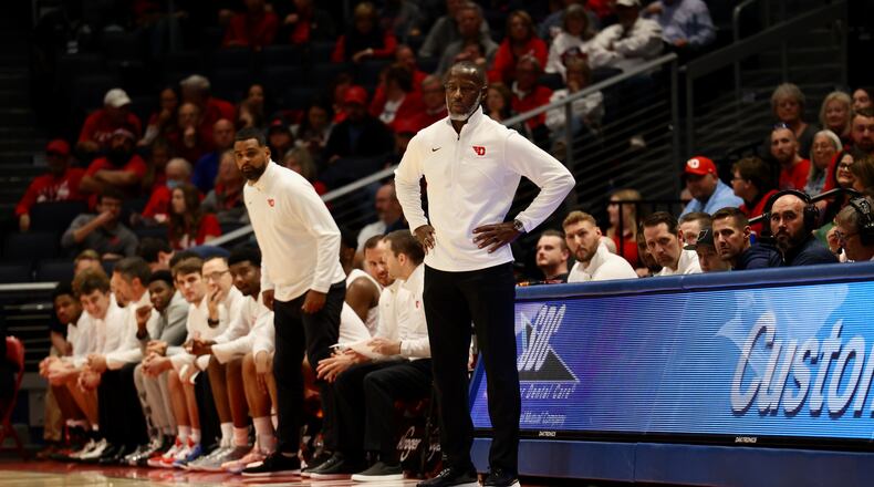 Dayton's Anthony Grant watches the action against Capital in an exhibition game on Saturday, Oct. 29, 2022, at UD Arena. David Jablonski/Staff