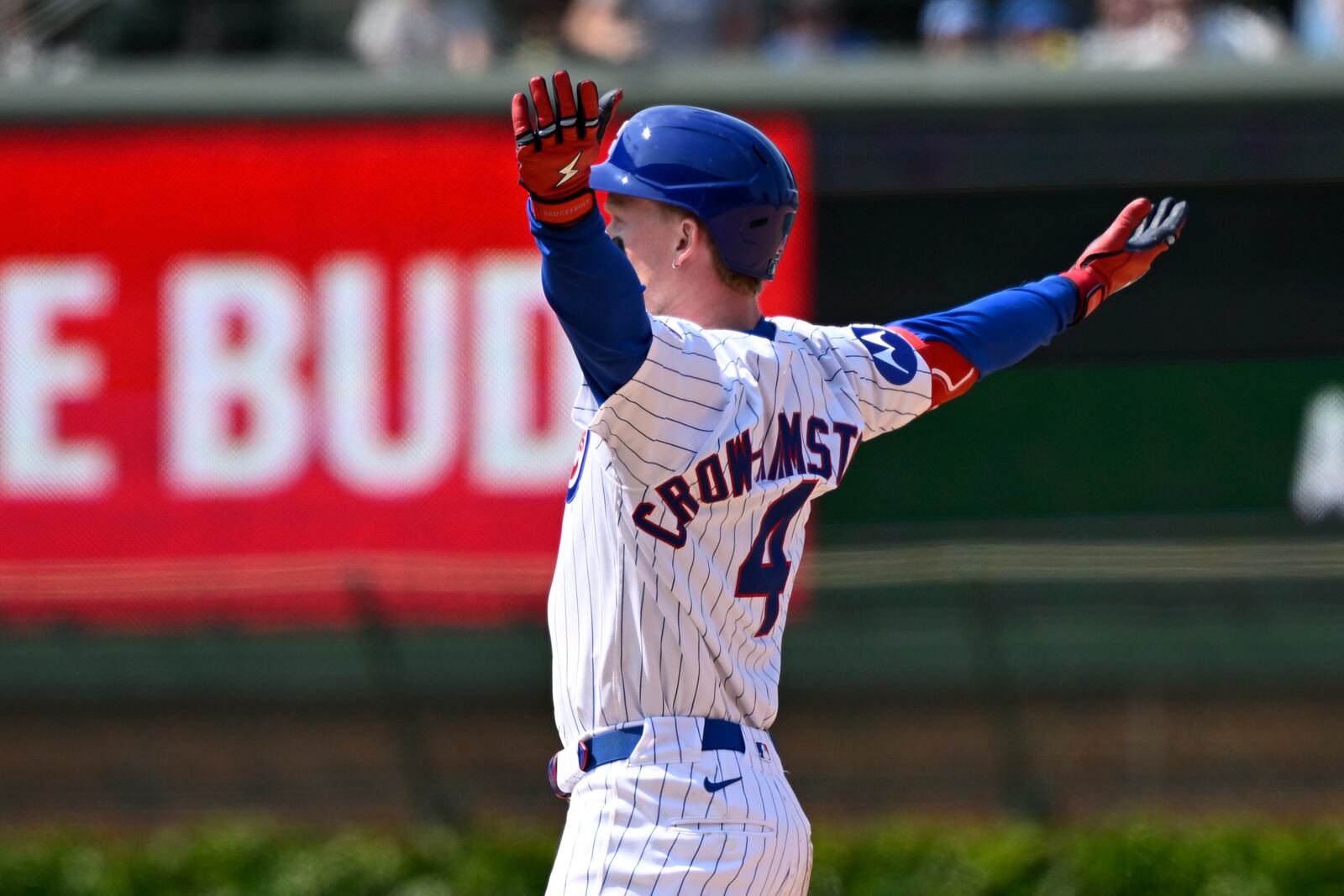 Chicago Cubs' Pete Crow-Armstrong reacts after reaching second base on a fielding error by Cincinnati Reds outfielder Will Benson during the seventh inning of a baseball game, Sunday, June 1, 2025, in Chicago. (AP Photo/Matt Marton)