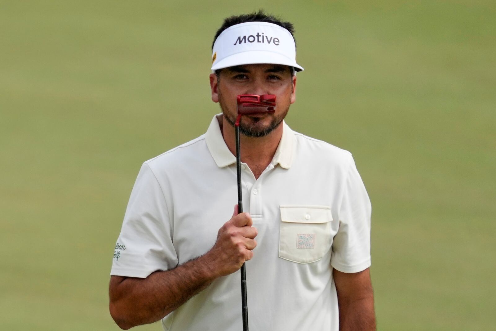 Jason Day, of Australia, reacts after missing a putt on the eighth hole during the third round at the Masters golf tournament, Saturday, April 12, 2025, in Augusta, Ga. (AP Photo/Ashley Landis)