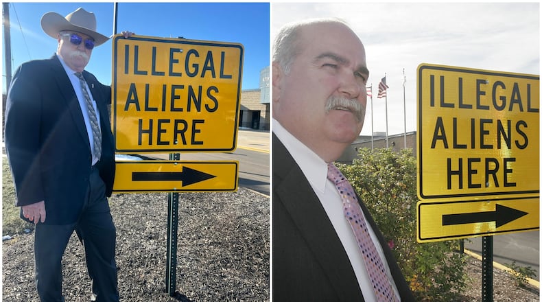 Butler County Sheriff Richard Jones stands next to an "Illegal Aliens Here" sign at the Butler County Sheriff's Department in 2024 (left) and 2005 (right).